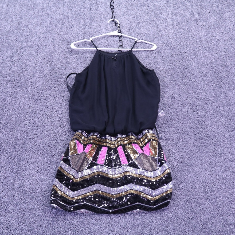 As U Wish Mini Dress Womens Small Black Sequin Geometric Halter Neck
